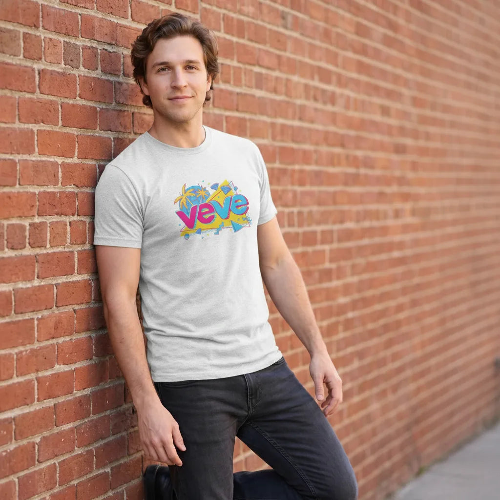 DesignerCon Anaheim VeVe T-Shirt — convention tee in white, modeled at urban brick wall