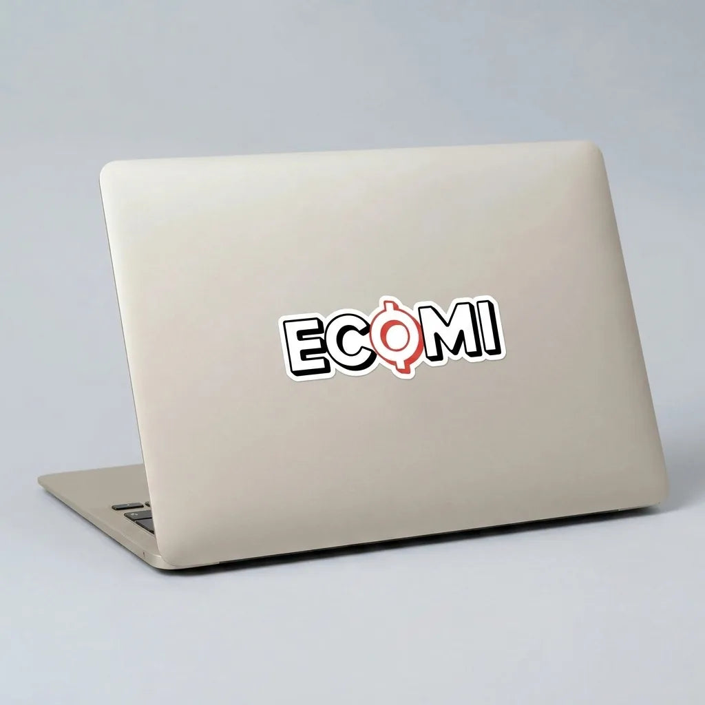 Ecomi Text Logo sticker — applied to unbranded laptop lid, lifestyle from Common Club