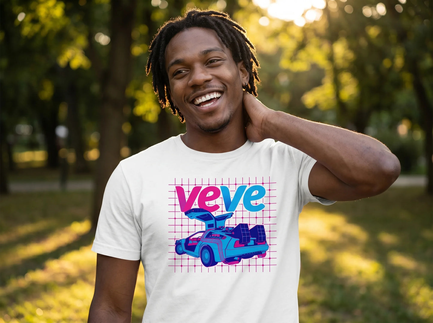 VeVe DeLorean T-Shirt — sci-fi collector tee in white, modeled at golden-hour park