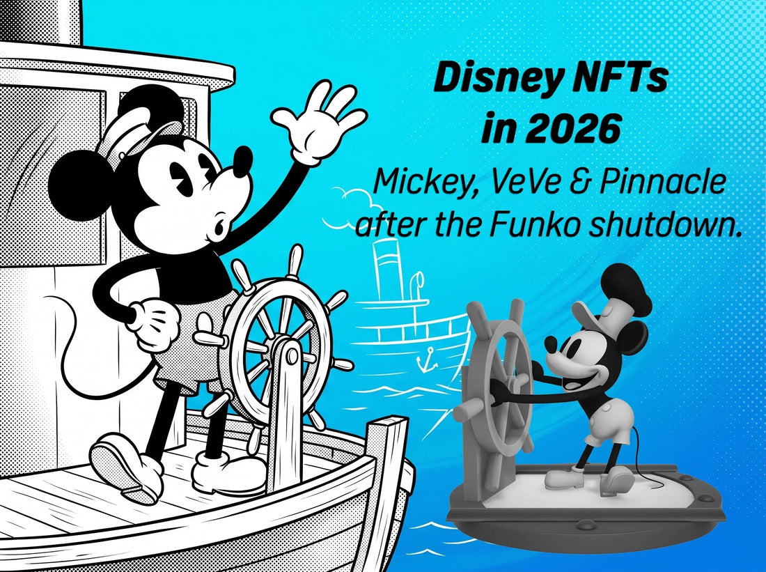 Disney NFTs in 2026 — Steamboat Willie Mickey at the steering wheel on a bold cyan field, with overlay 'Disney NFTs in 2026: Mickey, VeVe & Pinnacle after the Funko shutdown'.