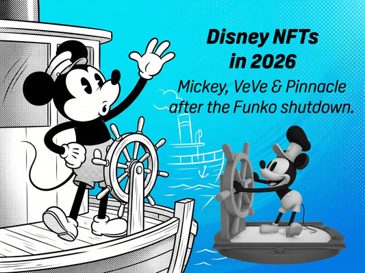 Disney NFTs in 2026 — Steamboat Willie Mickey at the steering wheel on a bold cyan field, with overlay 'Disney NFTs in 2026: Mickey, VeVe & Pinnacle after the Funko shutdown'.