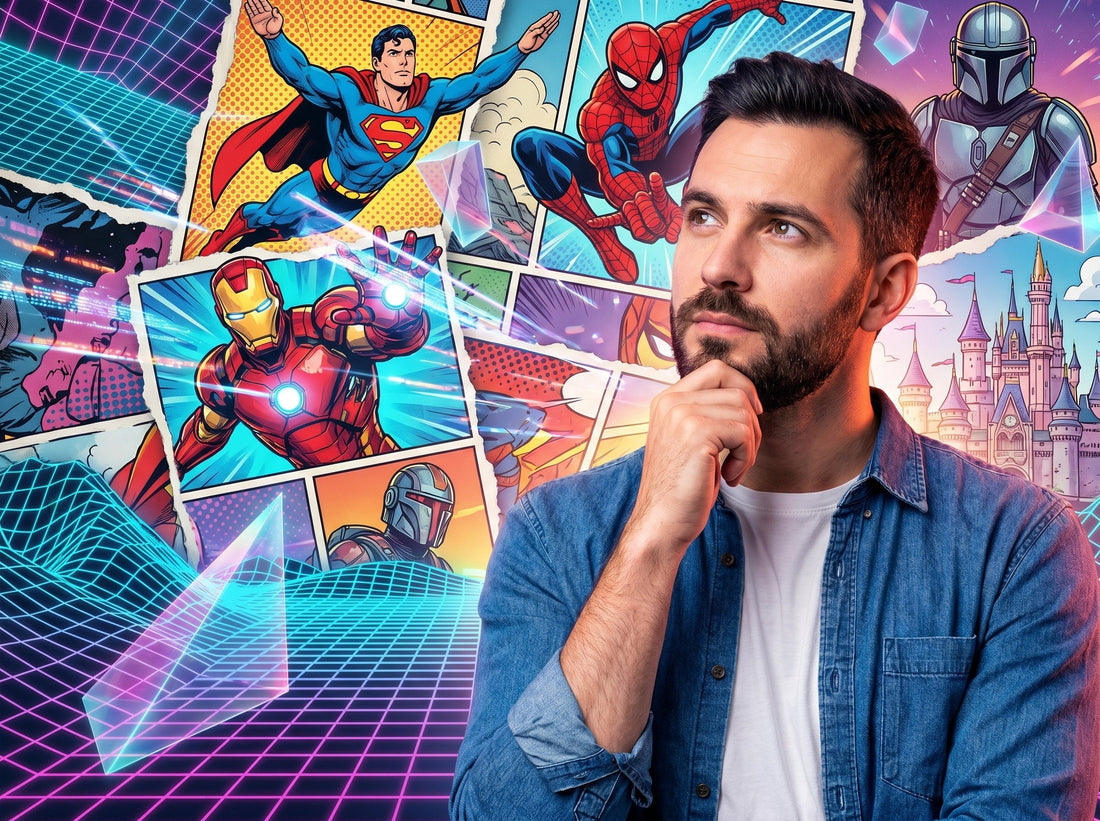 A fandom collector thinking it over, his imagination full of comic-book characters and digital collecting, in a denim shirt