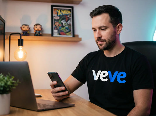 A VeVe collector in a black veve-logo tee at his home-office desk, thoughtfully checking his phone, with a laptop, a framed comic, and collectible figures on the shelf behind him