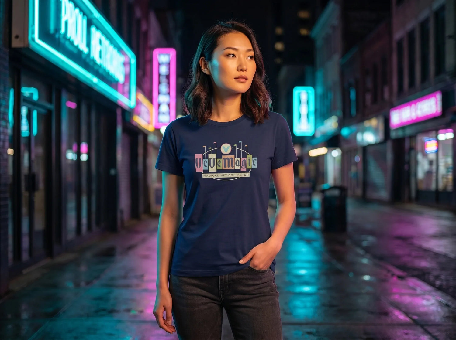 Common Club VeVe Magic collector apparel — model in a navy VeVe Magic tee on an urban neon night street