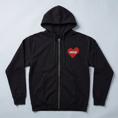 Common Club VeVe Collectors at Heart Zip Up Hoodie — black Independent Trading Co. SS4500Z full-zip hooded sweatshirt, lay-flat top-down view, red embroidered VeVe heart chest patch with white wordmark