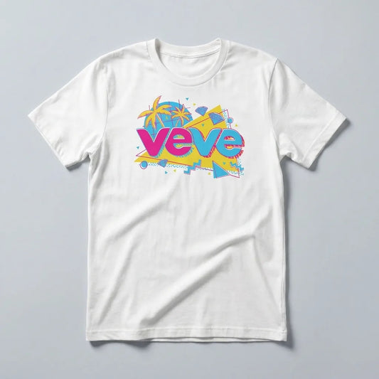 DesignerCon Anaheim VeVe T-Shirt — convention tee in white, flat-lay front view