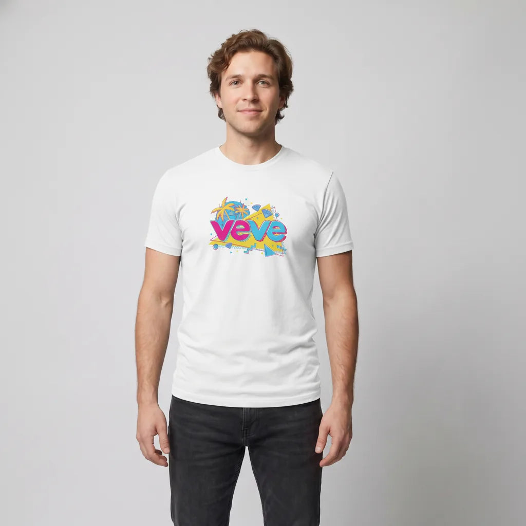 DesignerCon Anaheim VeVe T-Shirt — convention tee in white, modeled front view