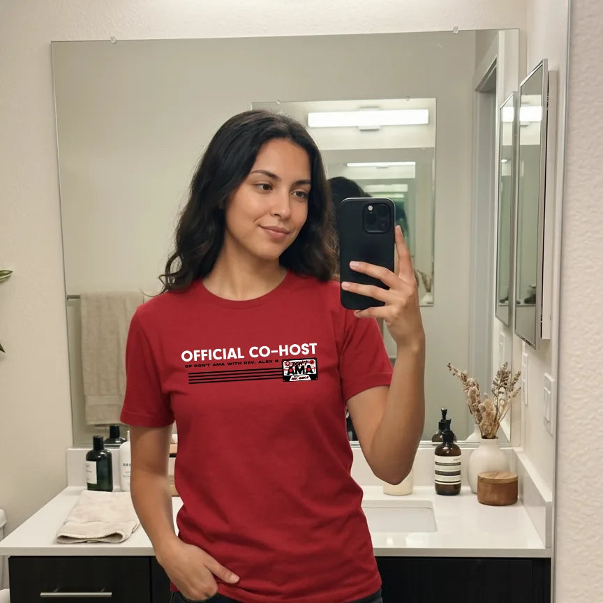 Don't Ama Co-Host Tee — VeVe community tee in red, mirror fit-check selfie from Common Club