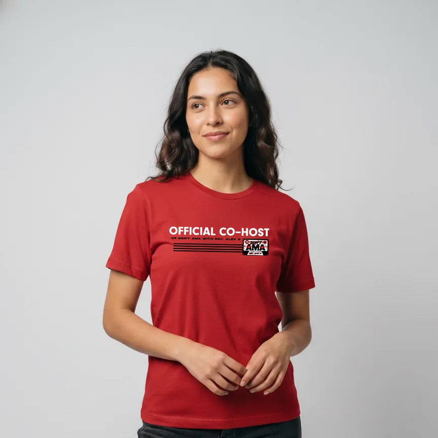 Don't Ama Co-Host Tee — VeVe community tee in red, modeled front view from Common Club