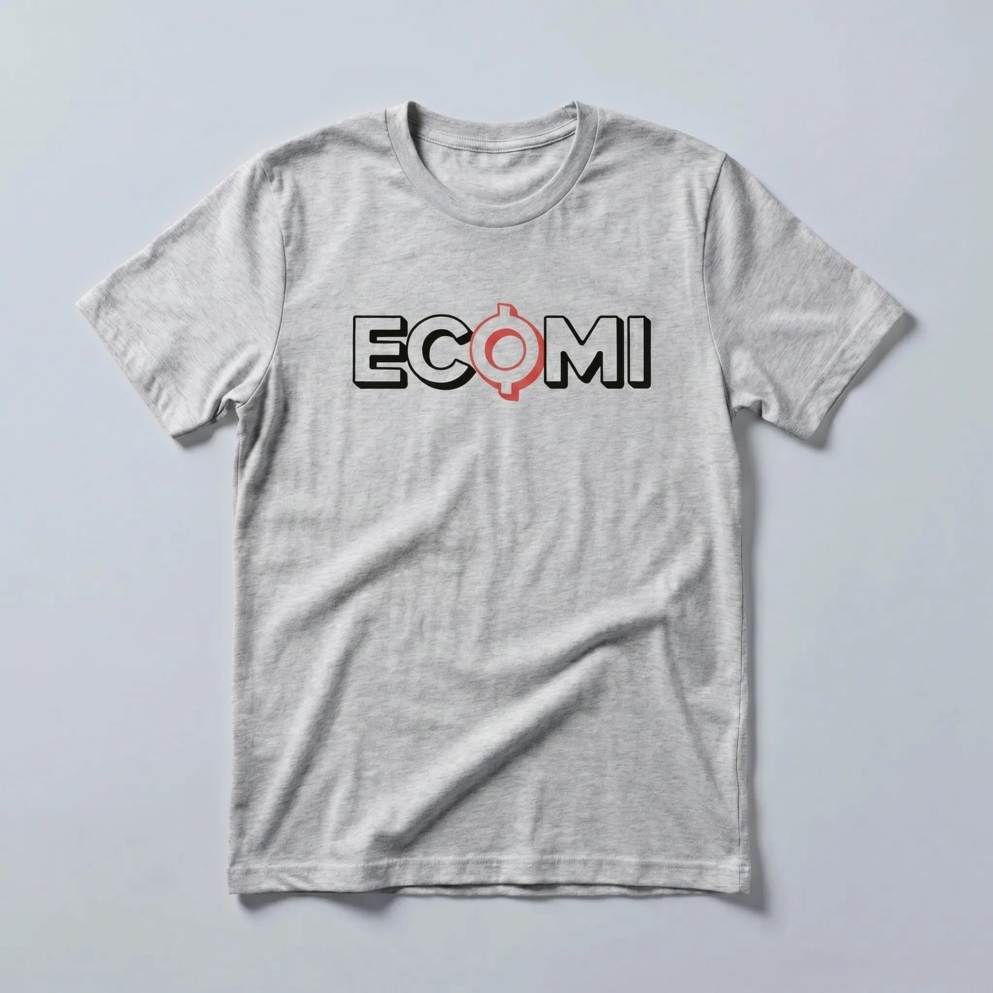 Ecomi Text Logo T-Shirt — ECOMI unisex tee in athletic heather, flat-lay front view from Common Club