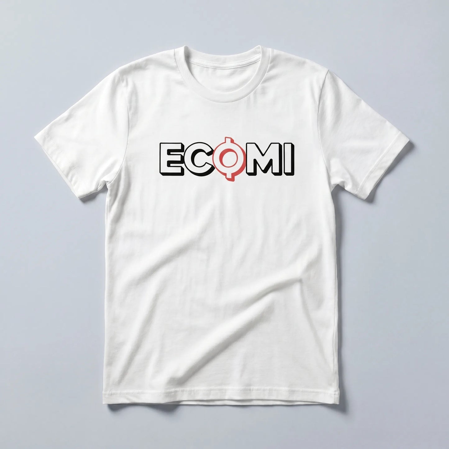 Ecomi Text Logo T-Shirt — ECOMI unisex tee in white, flat-lay front view from Common Club