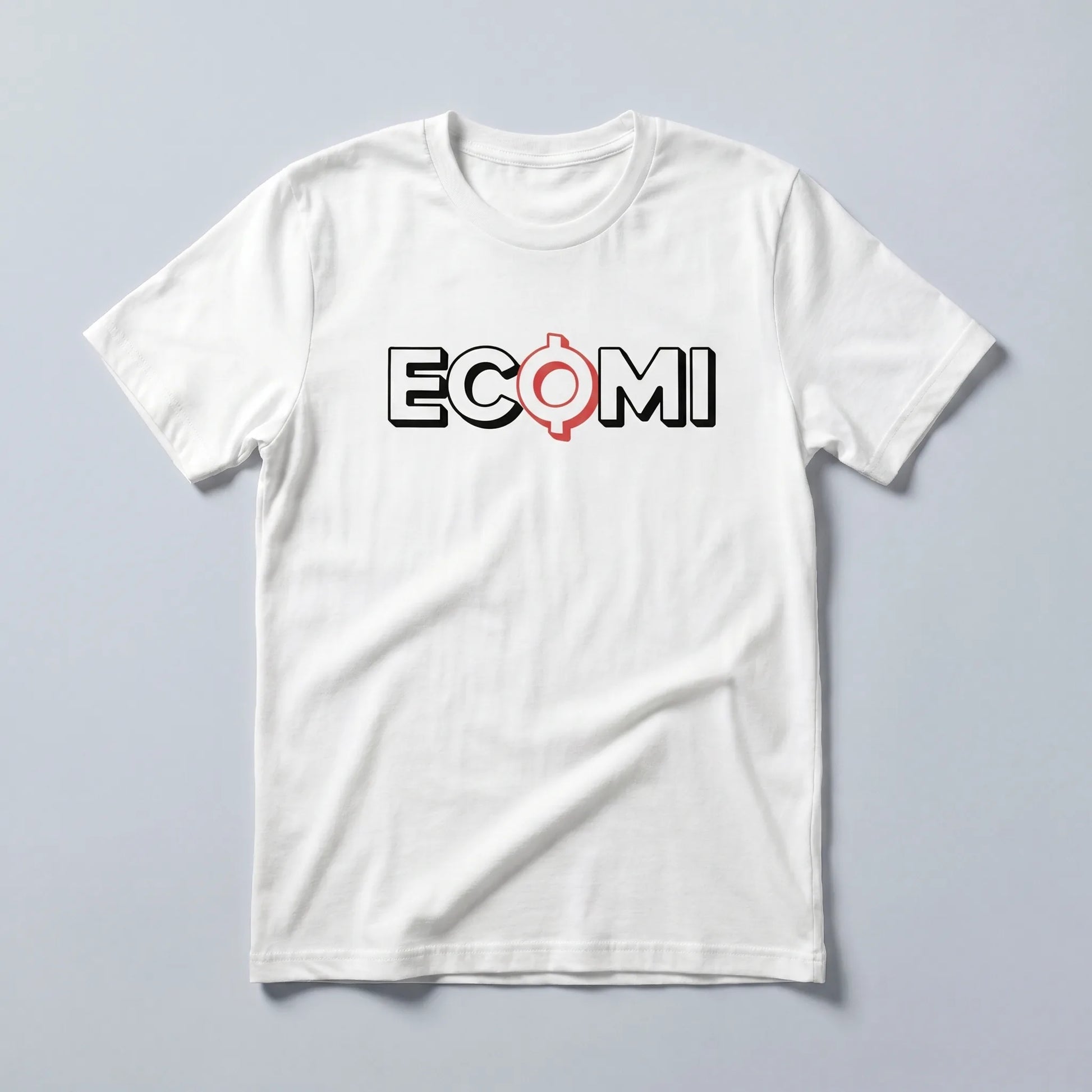 Ecomi Text Logo T-Shirt — ECOMI unisex tee in white, flat-lay front view from Common Club
