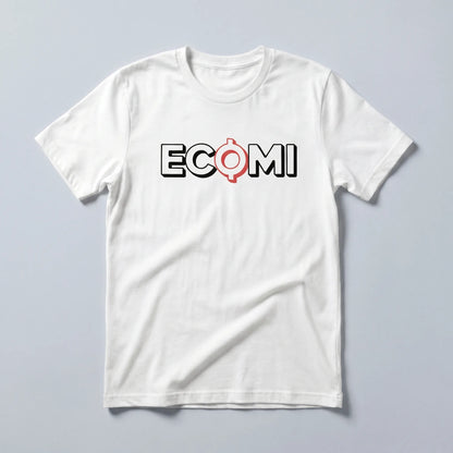 Ecomi Text Logo T-Shirt — ECOMI unisex tee in white, flat-lay front view from Common Club
