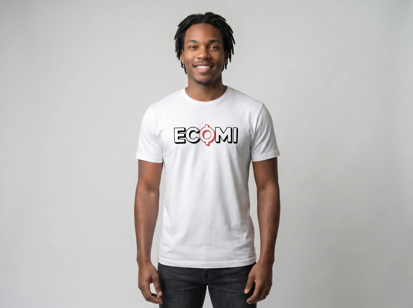 Ecomi Text Logo T-Shirt — ECOMI unisex tee in white, modeled front view from Common Club