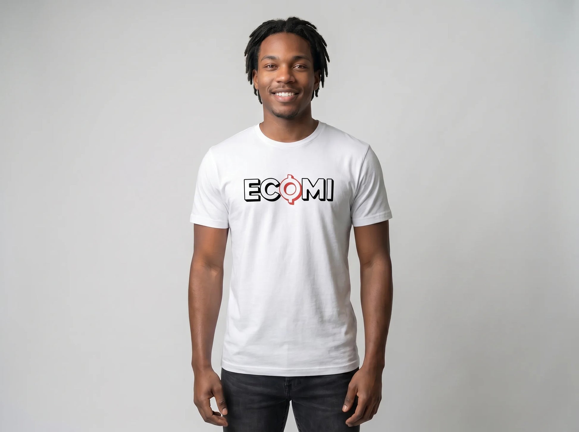 Ecomi Text Logo T-Shirt — ECOMI unisex tee in white, modeled front view from Common Club