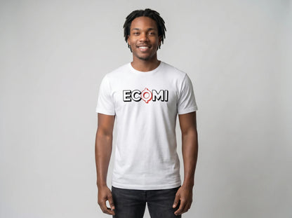 Ecomi Text Logo T-Shirt — ECOMI unisex tee in white, modeled front view from Common Club