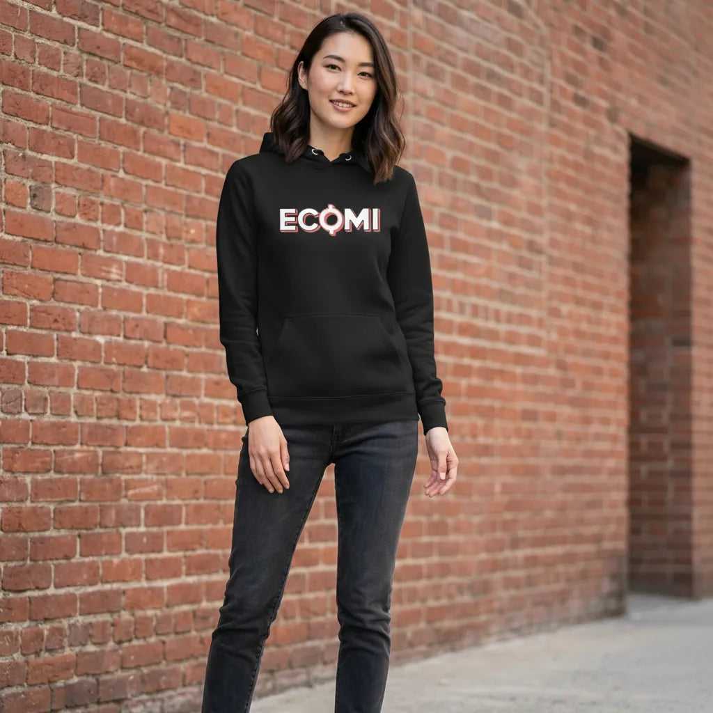 Ecomi Premium Hoodie — fandom collecting hoodie from Common Club, modeled at urban brick wall