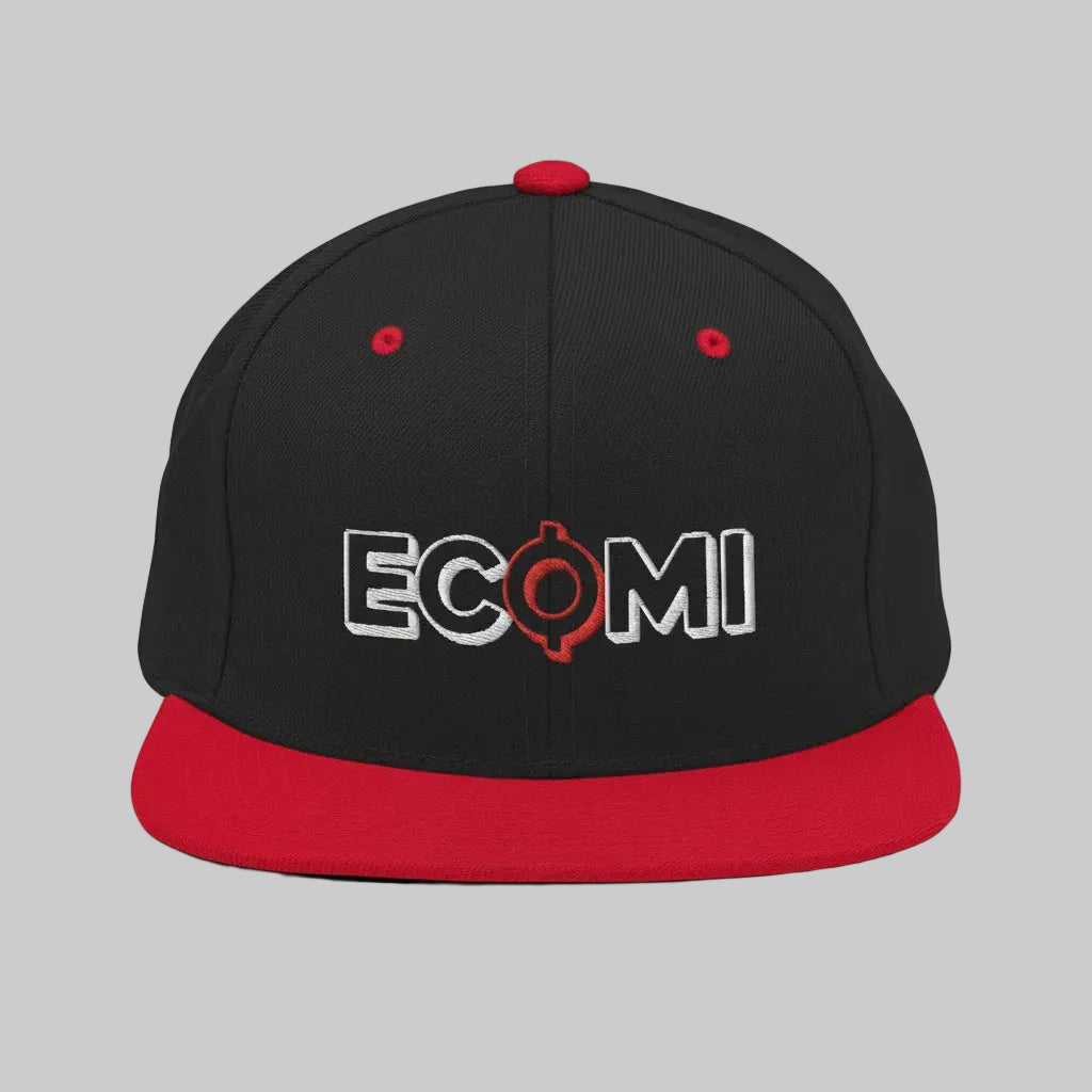 Ecomi Snapback Hat — Black/Red color variant, flatlay from Common Club