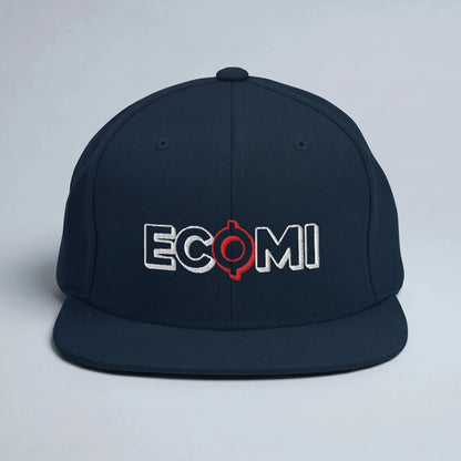 Ecomi Snapback Hat — front view from Common Club, embroidered logo on rigid flat-bill snapback