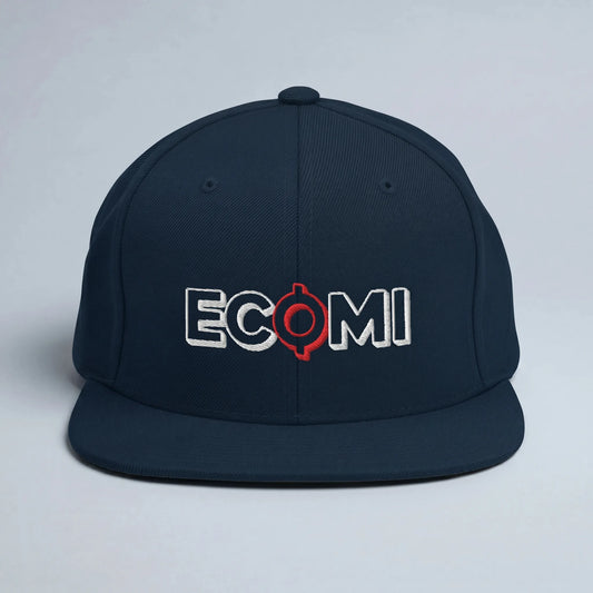 Ecomi Snapback Hat — front view from Common Club, embroidered logo on rigid flat-bill snapback
