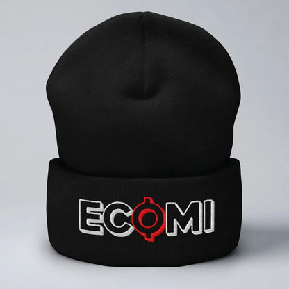 Ecomi Text Logo Cuffed Beanie — front view from Common Club, ECOMI wordmark embroidered on black cuffed knit beanie, light grey studio backdrop