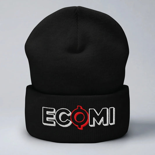 Ecomi Text Logo Cuffed Beanie — front view from Common Club, ECOMI wordmark embroidered on black cuffed knit beanie, light grey studio backdrop