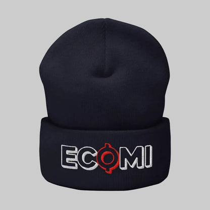 Ecomi Text Logo Cuffed Beanie — Navy color variant, flatlay from Common Club