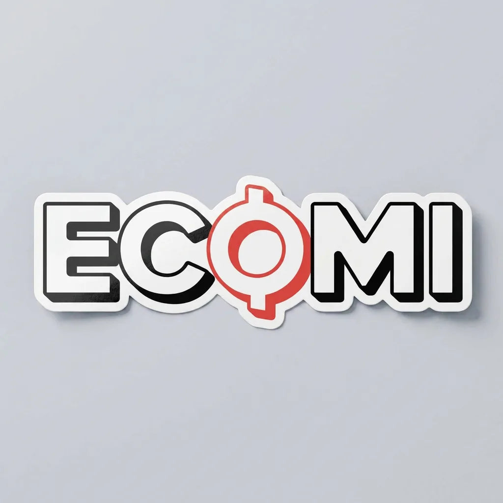 Ecomi Text Logo sticker — die-cut kiss-cut vinyl sticker on Common Club studio backdrop