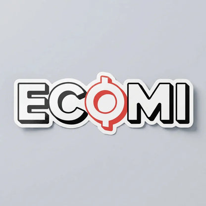 Ecomi Text Logo sticker — die-cut kiss-cut vinyl sticker on Common Club studio backdrop