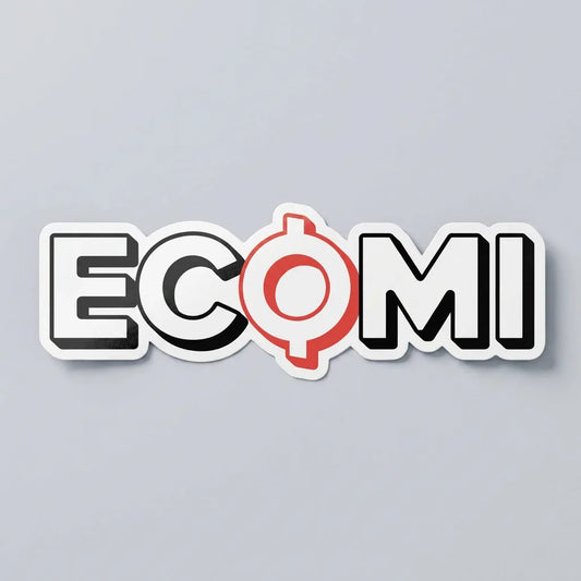 Ecomi Text Logo sticker — die-cut kiss-cut vinyl sticker on Common Club studio backdrop