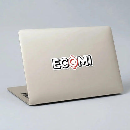 Ecomi Text Logo sticker — applied to unbranded laptop lid, lifestyle from Common Club