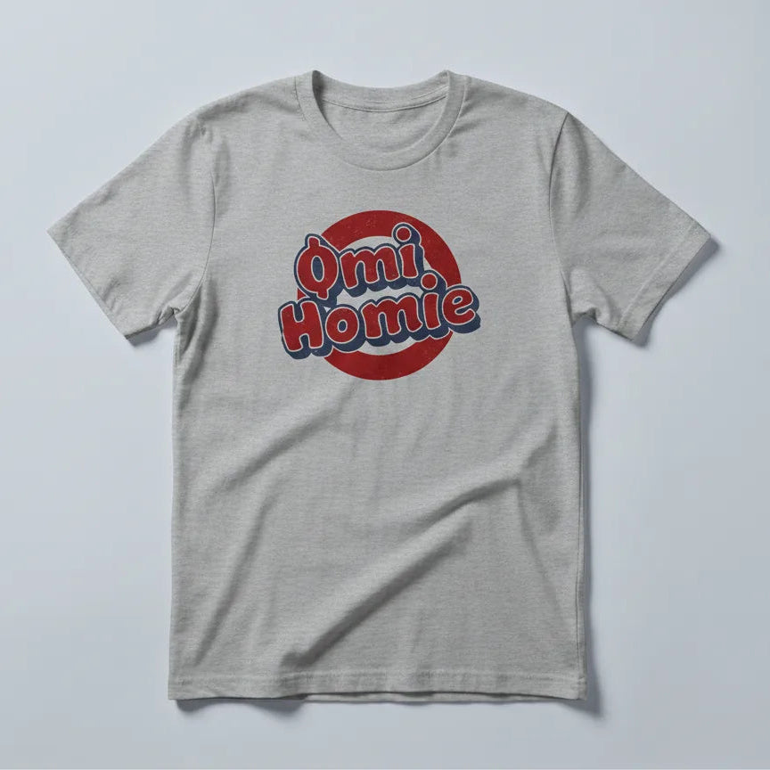 OMI Homie T-Shirt — OMI community fandom tee in ash, flat-lay front view from Common Club