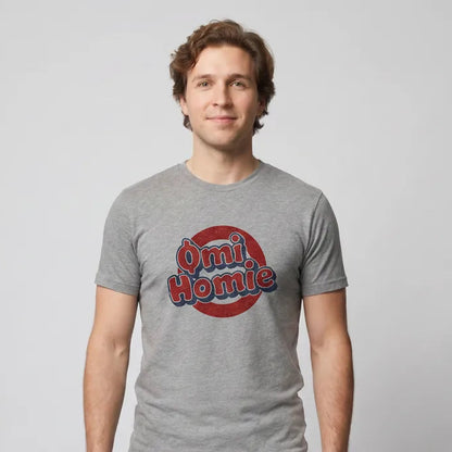 Omi Homie T-Shirt — ECOMI community tee in ash, modeled front view from Common Club