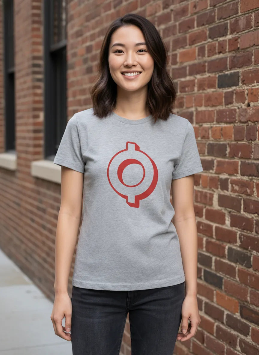 OMI Logo T-Shirt — ECOMI OMI token logo tee in ash, modeled at urban daytime wall
