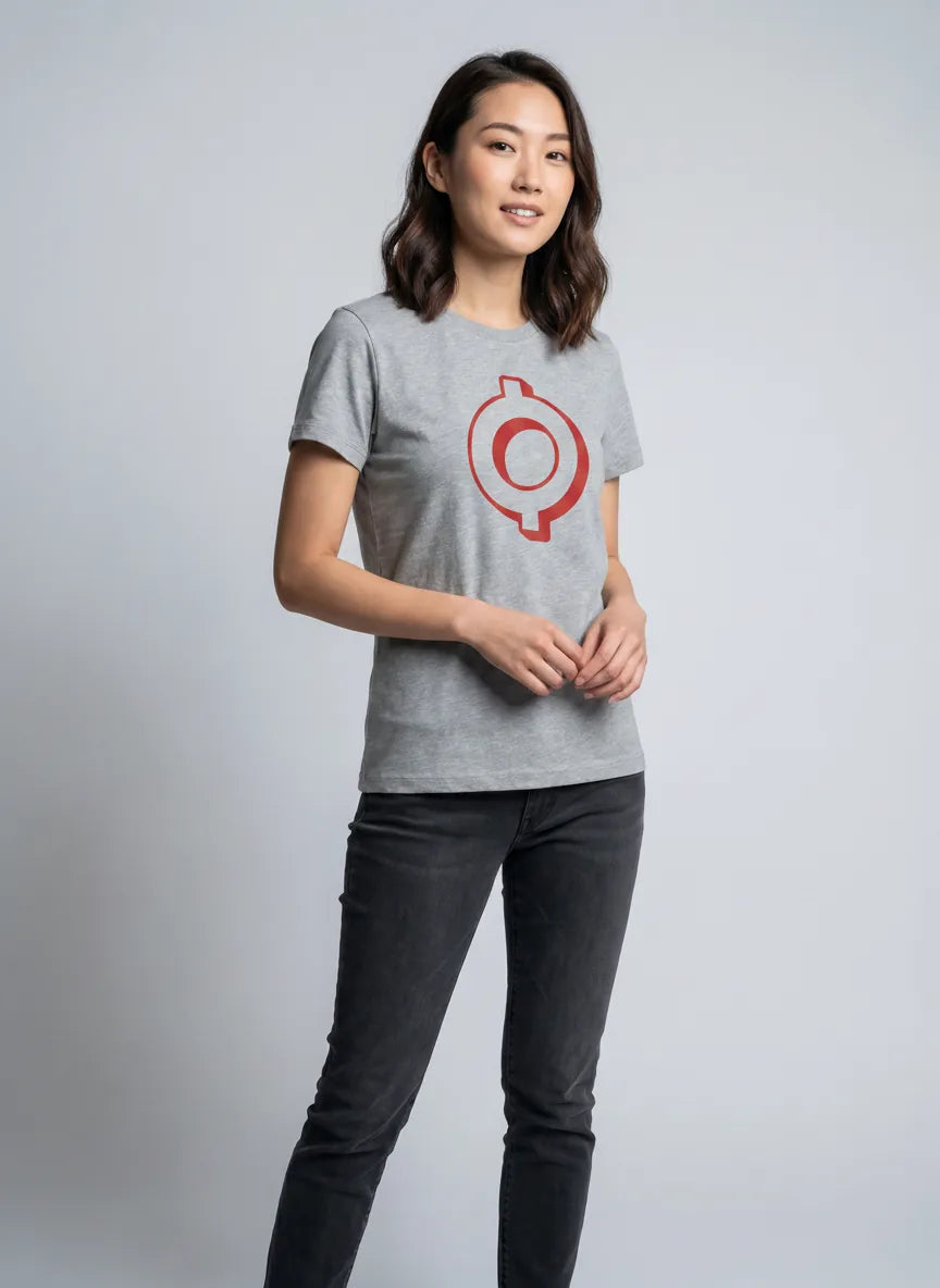 OMI Logo T-Shirt — ECOMI OMI token logo tee in ash, modeled front view from Common Club