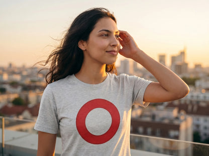 Omi Token Red Circle T-Shirt — OMI emoji tee in ash, modeled at rooftop sunset view