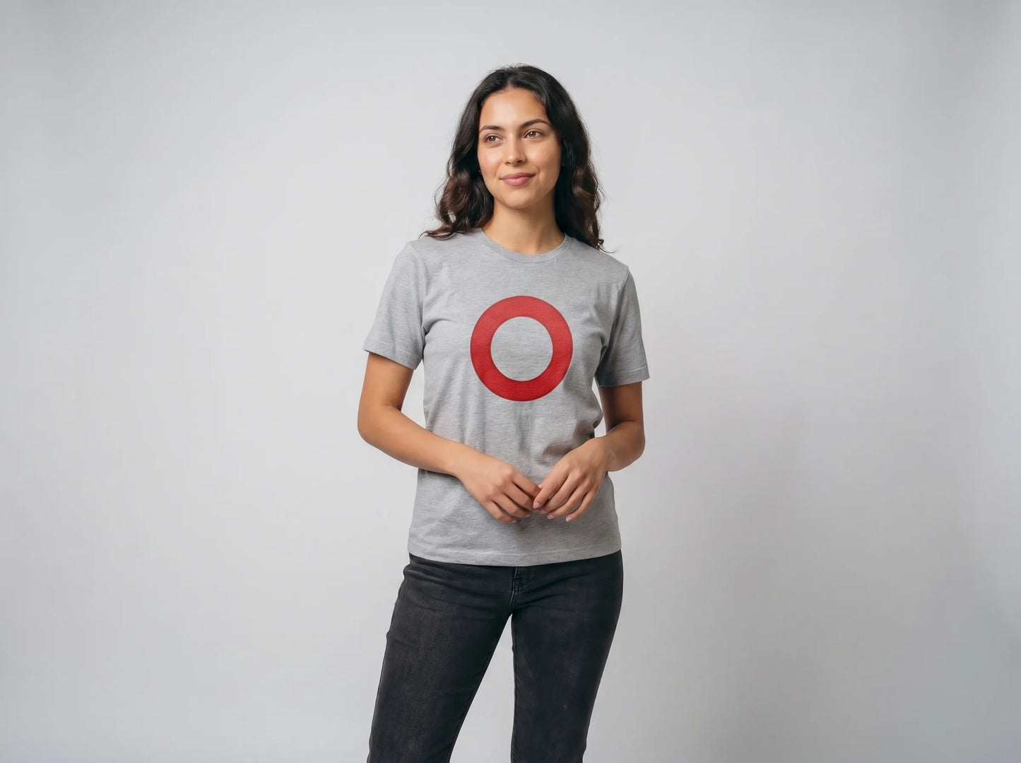 Omi Token Red Circle T-Shirt — OMI emoji tee in ash, modeled front view from Common Club