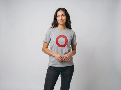 Omi Token Red Circle T-Shirt — OMI emoji tee in ash, modeled front view from Common Club