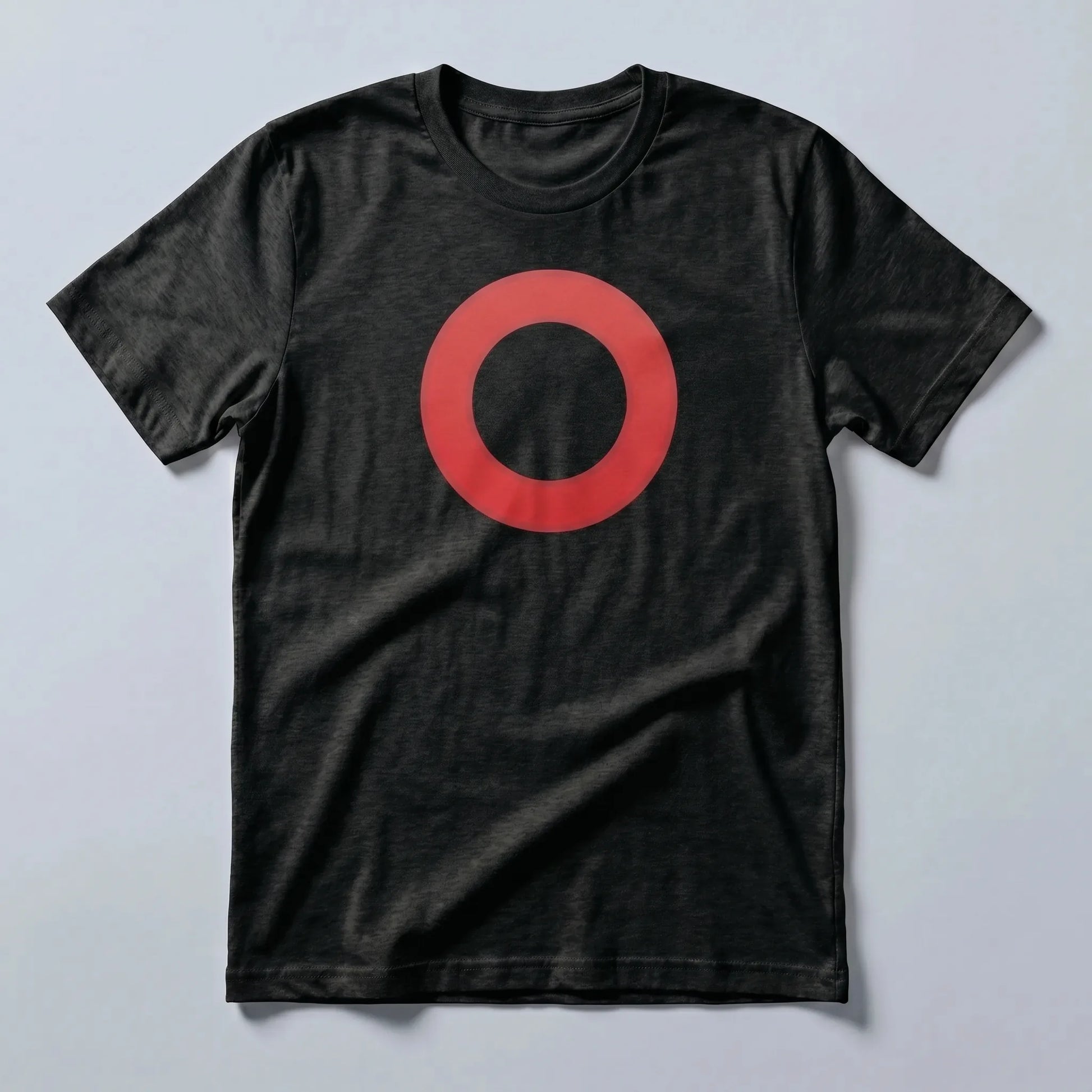 Omi Token Red Circle Emoji T-shirt — ECOMI OMI red circle tee in black heather, flat-lay front view from Common Club