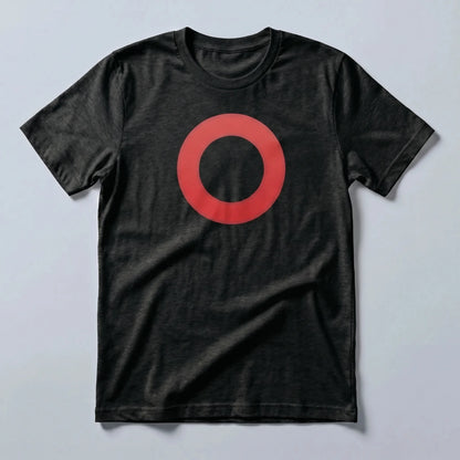 Omi Token Red Circle Emoji T-shirt — ECOMI OMI red circle tee in black heather, flat-lay front view from Common Club