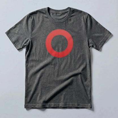 Omi Token Red Circle Emoji T-shirt — ECOMI OMI red circle tee in dark grey heather, flat-lay front view from Common Club