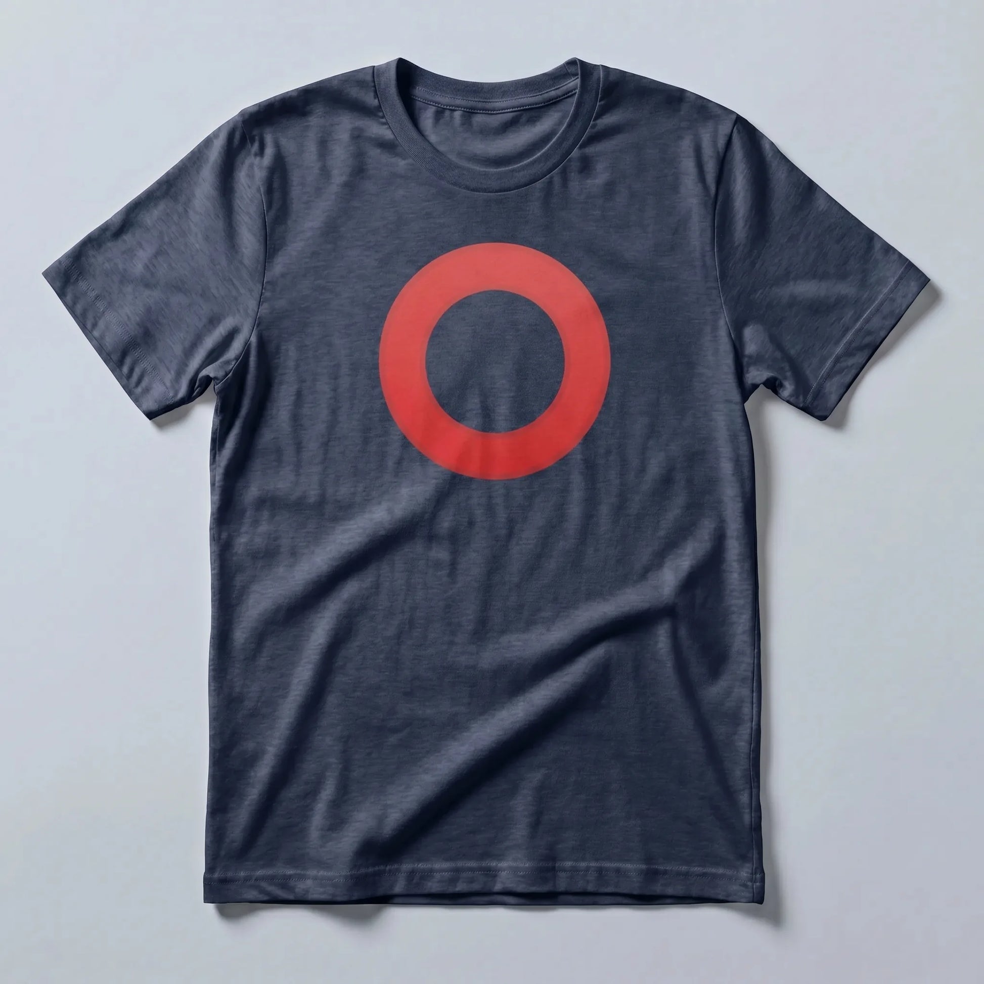 Omi Token Red Circle Emoji T-shirt — ECOMI OMI red circle tee in heather midnight navy, flat-lay front view from Common Club