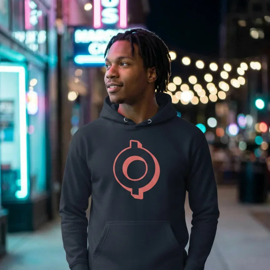 Omi Token Logo Premium Hoodie — fandom collecting hoodie from Common Club, modeled at neon night street