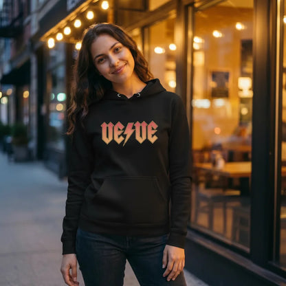 VeVe Classic Rock Premium Hoodie — fandom collecting hoodie from Common Club, modeled at night restaurant
