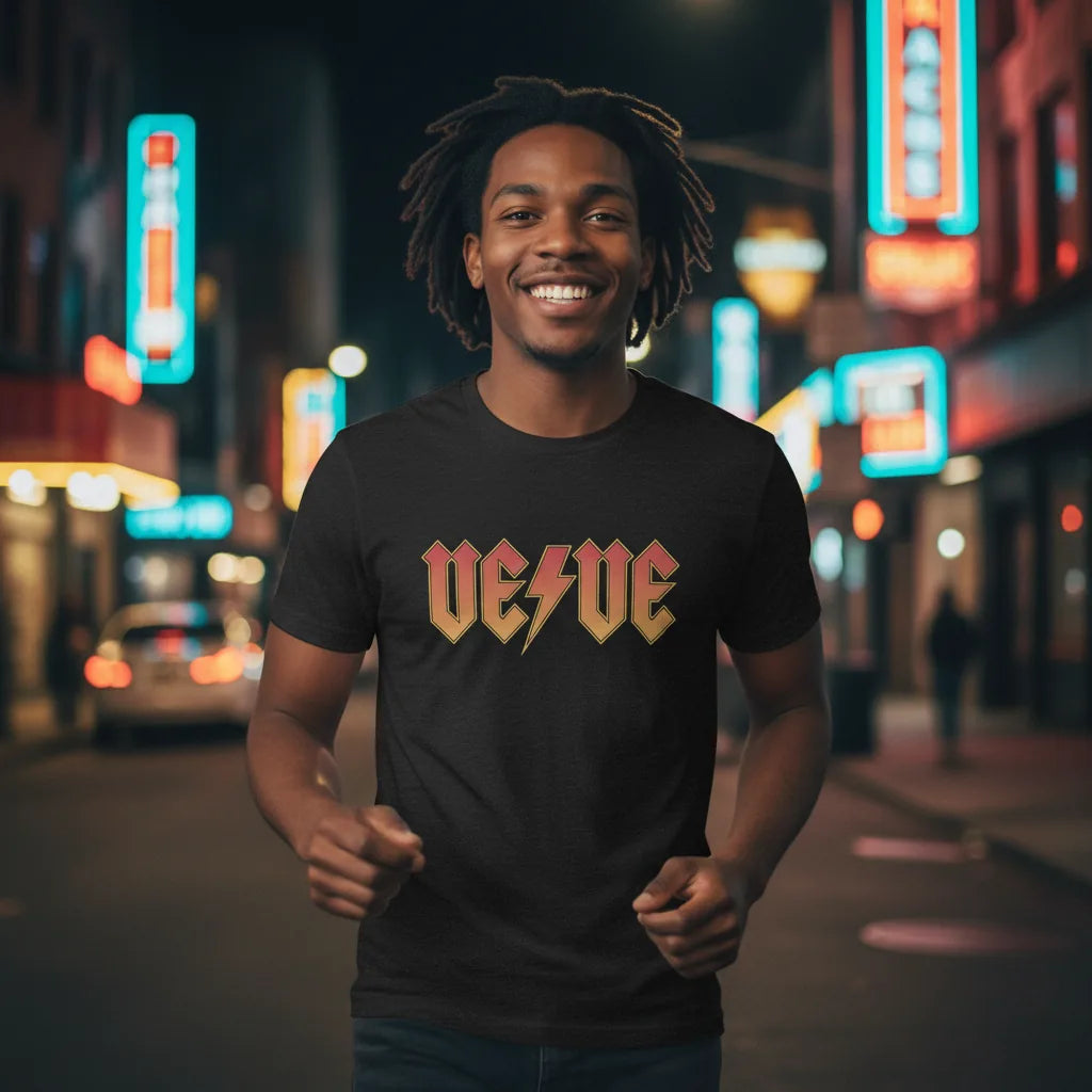 Veve Collectibles Classic Rock Logo T-Shirt — digital collector tee in black heather, modeled at urban night