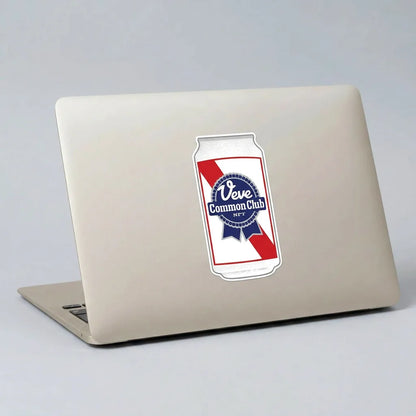 Veve Collectibles Blue Ribbon Logo Sticker — applied to unbranded laptop lid, lifestyle from Common Club