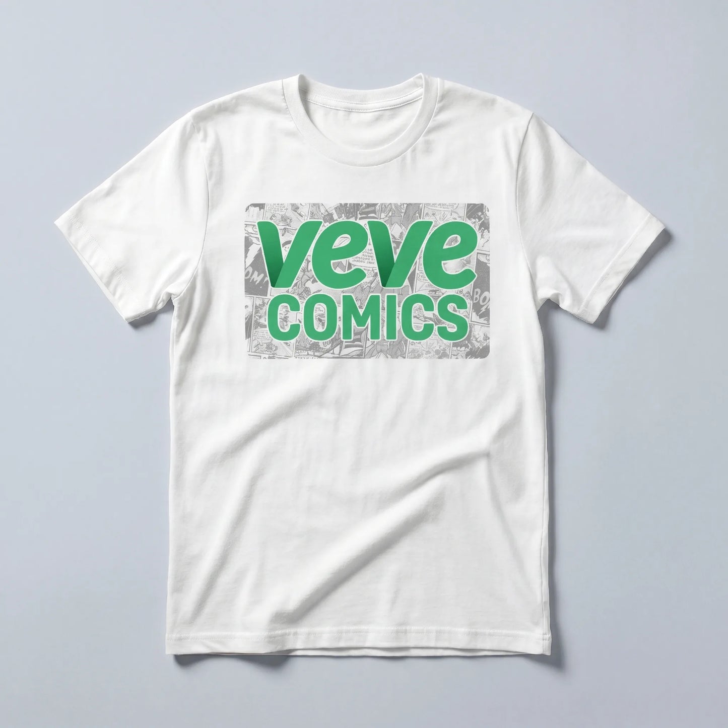 VeVe Comic T-Shirt — digital comics fandom tee in white, flat-lay front view from Common Club