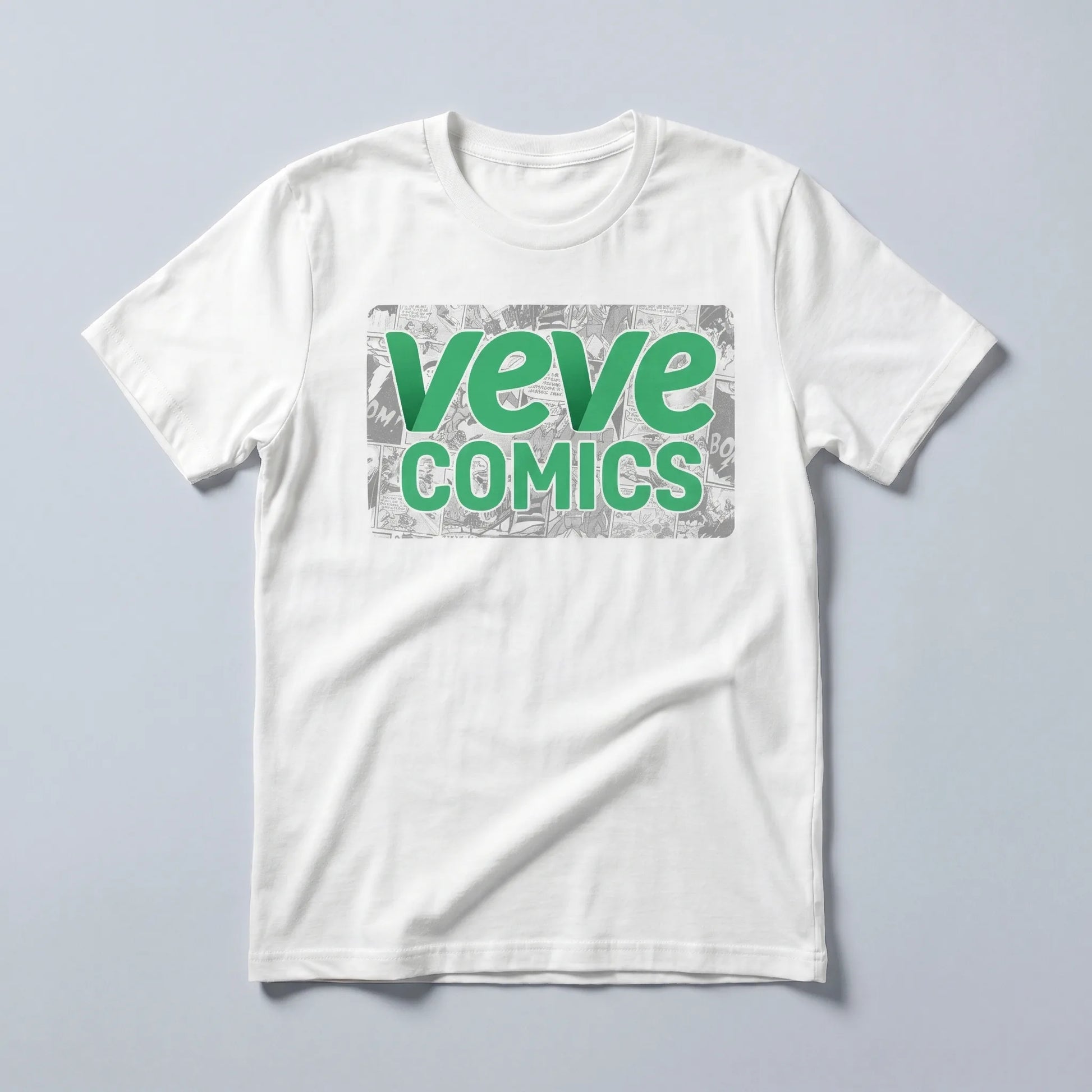 VeVe Comic T-Shirt — digital comics fandom tee in white, flat-lay front view from Common Club