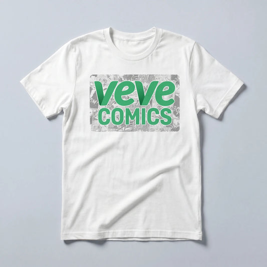 VeVe Comic T-Shirt — digital comics fandom tee in white, flat-lay front view from Common Club