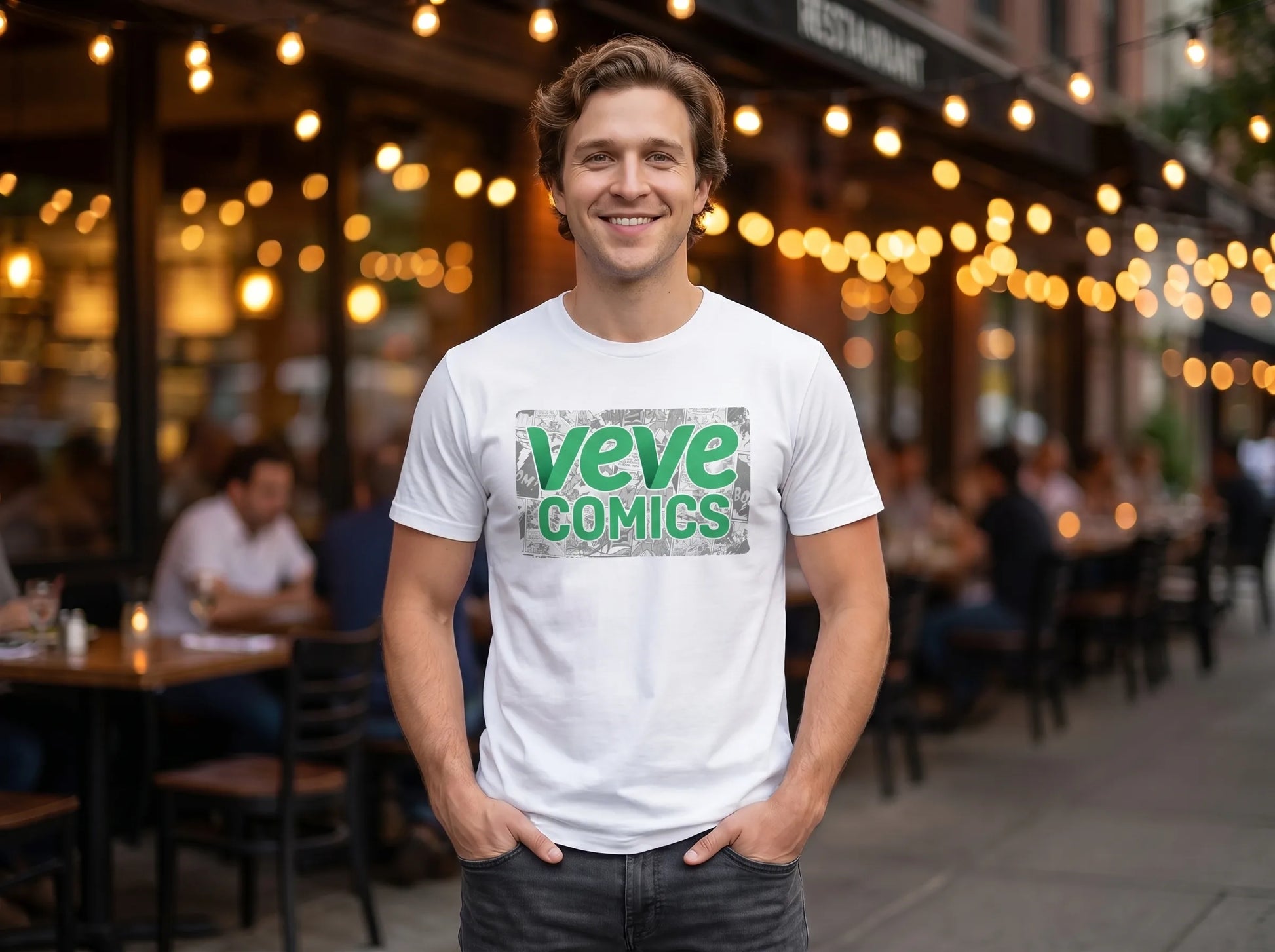 VeVe Comic T-Shirt — digital comics fandom tee in white, modeled at evening restaurant
